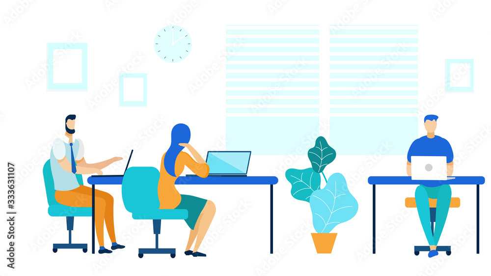 Coworking Center, Office Workflow Illustration. Colleagues, Programmers Sitting in Chairs Cartoon Characters. Company Workers in Conference Room. Business People Using Laptops, Corporate Workspace