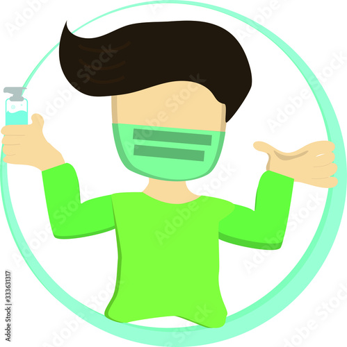 man put on surgical mask and show him hand with Alchohal jel.