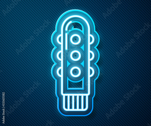Glowing neon line Dildo vibrator for sex games icon isolated on blue background. Sex toy for adult. Vaginal exercise machines for intimate. Vector Illustration