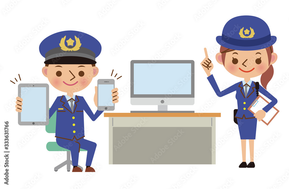 パソコン・スマホ・タブレット端末と警察官（男女）