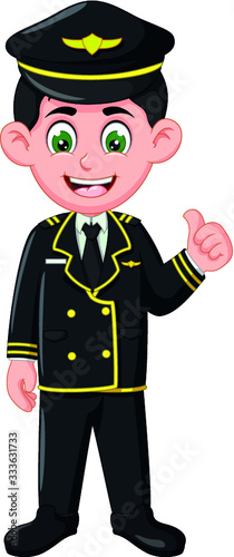 Handsome Pilot Man in Black Uniform With Thumb Up Hand Cartoon