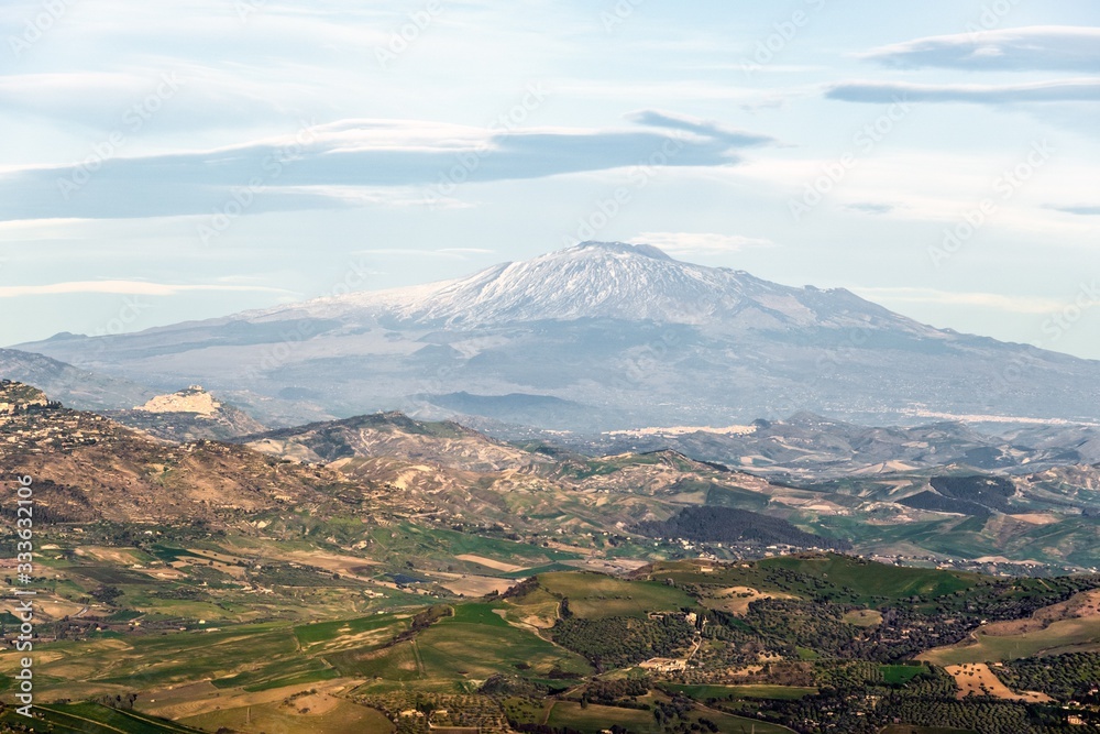 Landscape of famous Etna volcano viewed from Enna