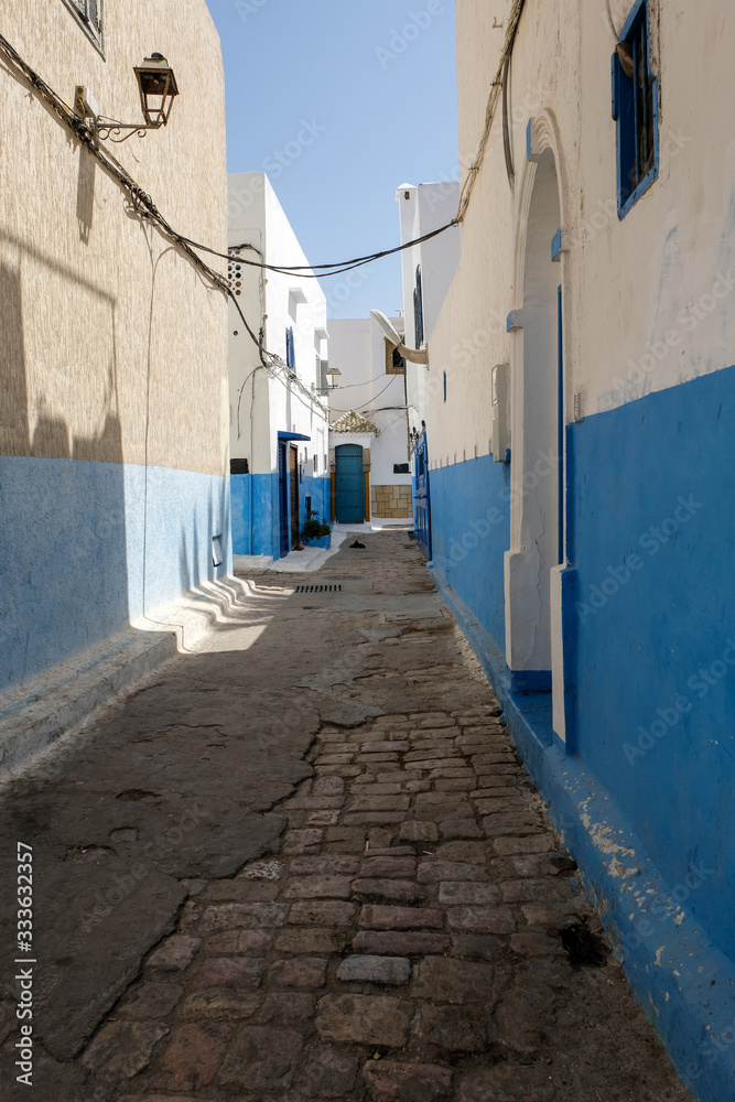 Blue painted cozy street in old city of Rabat.