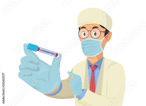 Cartoon doctor in medical mask holding a positive blood test result for the new rapidly spreading Coronavirus