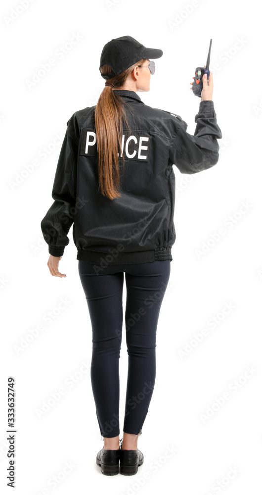 Female police officer on white background, back view Female police officer on white background, back view