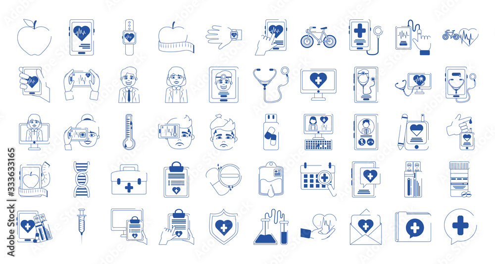 online doctor health medicine care blue line style icons set online doctor health medicine care blue line style icons set