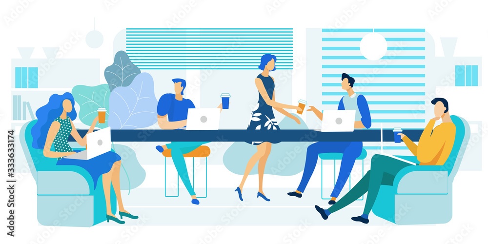 Office Cafeteria, Lunch Zone Vector Illustration. Young Company Employees, Coworkers Cartoon Characters. Men and Women on Coffee Break. Colleagues Sitting in Chairs with Laptops, Drinking Tea Office Cafeteria, Lunch Zone Vector Illustration. Young Company Employees, Coworkers Cartoon Characters. Men and Women on Coffee Break. Colleagues Sitting in Chairs with Laptops, Drinking Tea