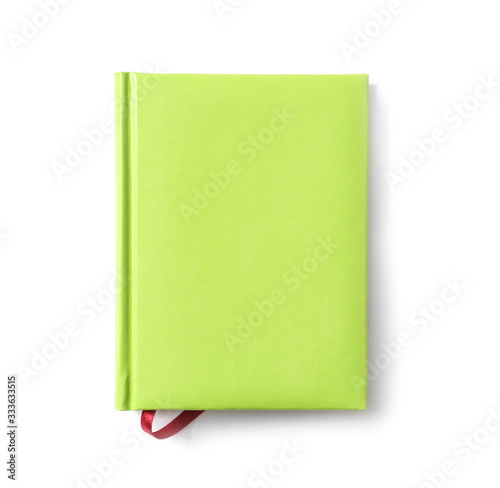 Notebook on white background, top view