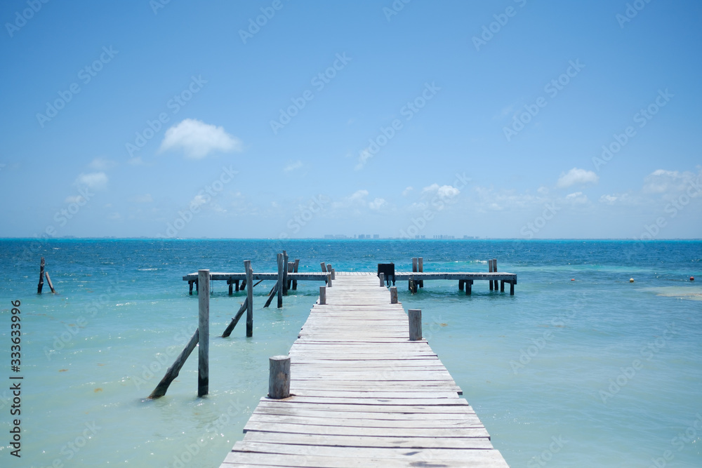 empty wooden pier and full ocean view.