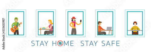 People Activity on Their Windows, Stay Home Stay Safe, Social Distancing Concept, Covid-19,  Coronavirus