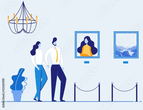 Couple Visit Art Museum Gallery. Man and Woman Cartoon Characters in Exhibition Hall Interior. People Painting Lovers, Active Curious Tourists View Picture at Exposition. Flat Vector Illustration.