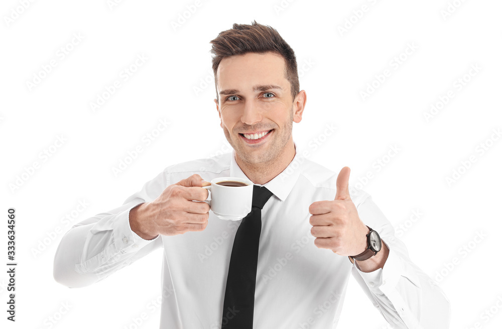 Handsome businessman drinking coffee on white background Handsome businessman drinking coffee on white background