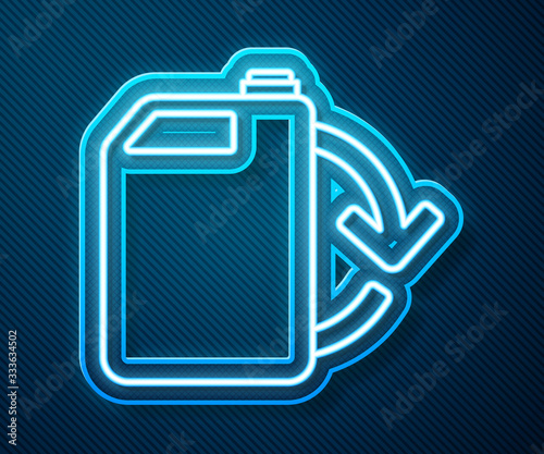 Glowing neon line Eco fuel canister icon isolated on blue background. Eco bio and barrel. Green environment and recycle. Vector Illustration