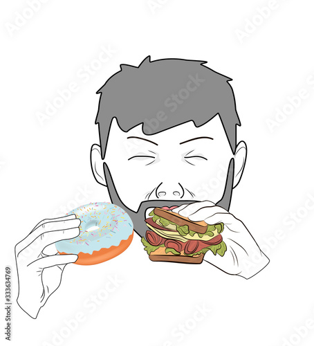 a man chooses food between a sweet and a sandwich. unhealthy food. losing weight. vector illustration