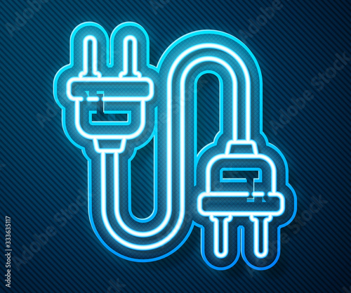 Glowing neon line Electric plug icon isolated on blue background. Concept of connection and disconnection of the electricity. Vector Illustration