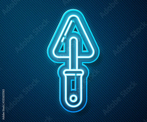 Glowing neon line Trowel icon isolated on blue background. Vector Illustration