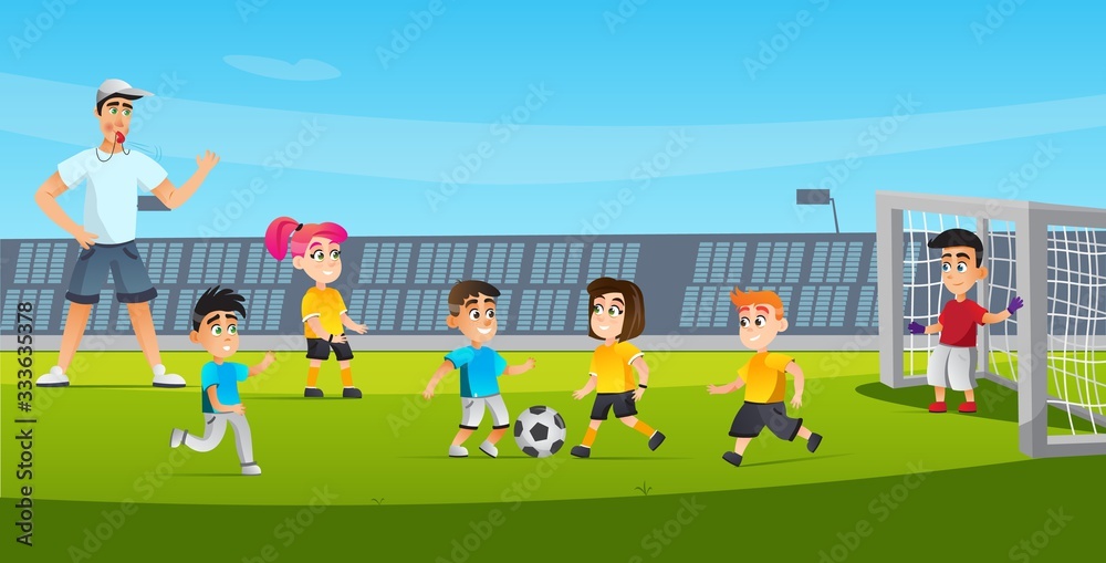 Cartoon Kid Play Football Game Vector Illustration Mixed Team Boy Kick Cartoon Kid Play Football Game Vector Illustration Mixed Team Boy Kick