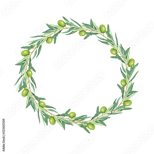 Green olive round frame isolated on white background. Hand drawn watercolor illustration.