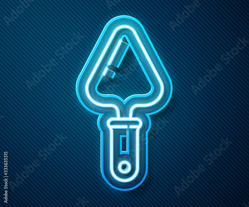 Glowing neon line Trowel icon isolated on blue background. Vector Illustration