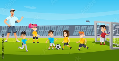 Cartoon Kid Play Football Game Vector Illustration. Mixed Team Boy Kick Girl Run. Man Referee Blowing Whistle. Soccer Match on Green Grass Field Stadium. Sport Training Children Competition