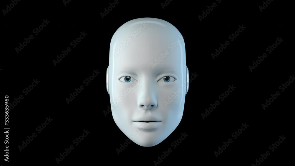 Artificial Intelligence as white Robot Cyber Face Head say Hello isolated on Black Background 4K video with Alpha channel