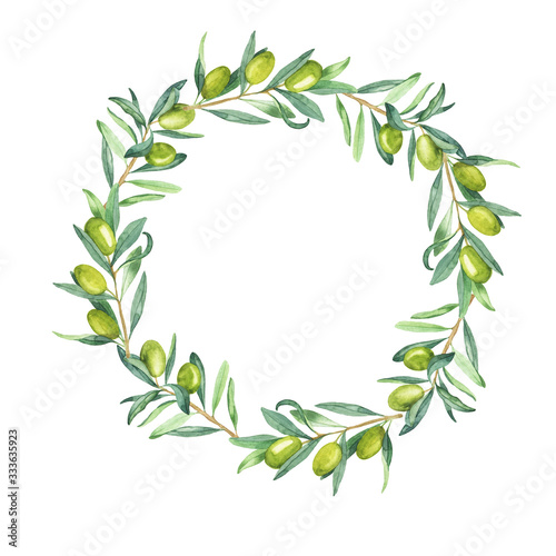 Green olive leaves and berries frame isolated on white background. Hand drawn watercolor illustration.