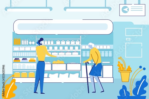 Senior and Young Customers Making Purchases in Store. Old Woman with Walking Cane Man Stand at Products Grocery Shelf Choosing Food People Visiting Supermarket Cartoon Cartoon Flat Vector Illustration