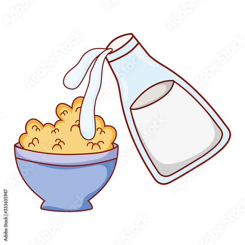 breakfast food milk pouring in cereal bowl cartoon isolated icon