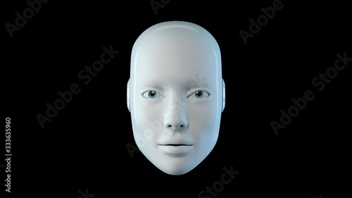 Artificial Intelligence as white Robot Cyber Face Head say Hello isolated on Black Background 4K video with Alpha channel