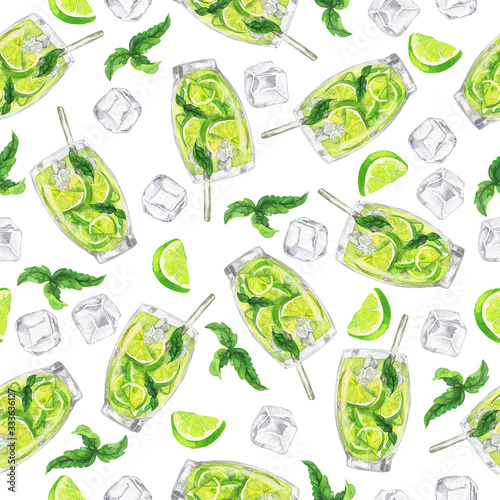 Seamless pattern with glasses of mojito cocktail or citrus and herbal lemonade, lime slices, mint leaves and ice on white background. Hand drawn watercolor illustration.