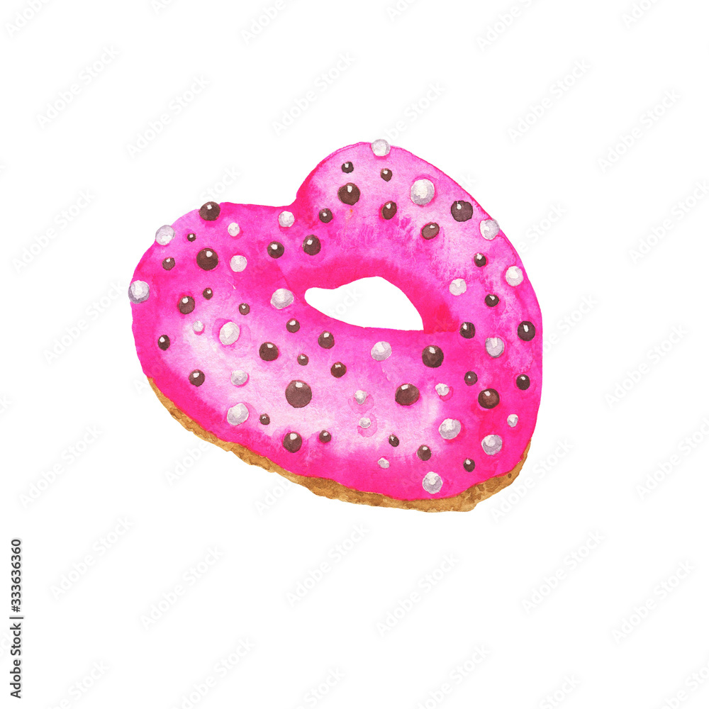 Cute pink berry donut with sugar and chocolate sprinkles isolated on white background. Hand drawn watercolor illustration.