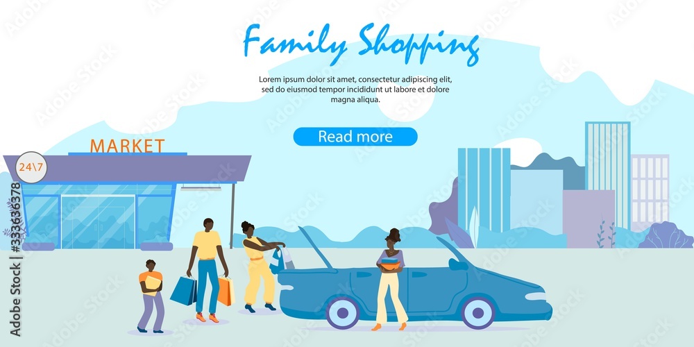 Φωτογραφία Traditional Afro-american Family Loading Purchases to Cabriolet Car Open Trunk on Noctidial Supermarket Parking after Weekend Shopping