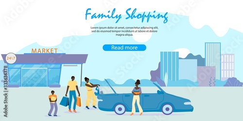 Traditional Afro-american Family Loading Purchases to Cabriolet Car Open Trunk on Noctidial Supermarket Parking after Weekend Shopping. Parents Kids Cartoon Flat Vector Illustration, Horizontal Banner