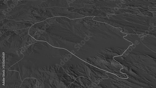 Sveti Nikole, municipality with its capital, zoomed and extruded on the bilevel map of Macedonia in the conformal Stereographic projection. Animation 3D photo