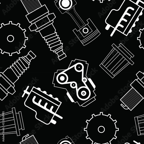 seamless vector graphic pattern of automobile spare parts. line pattern of gasoline engine, exhaust, gear, spark plug, filter and piston.