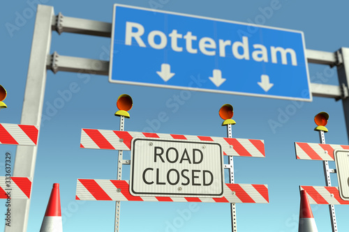 Barriers at Rotterdam city traffic sign. Coronavirus disease quarantine or lockdown in the Netherlands conceptual 3D rendering © Alexey Novikov