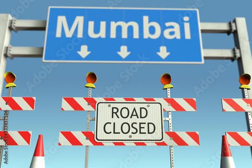 Traffic barricades near Mumbai city traffic sign. Lockdown in India conceptual 3D rendering © Alexey Novikov