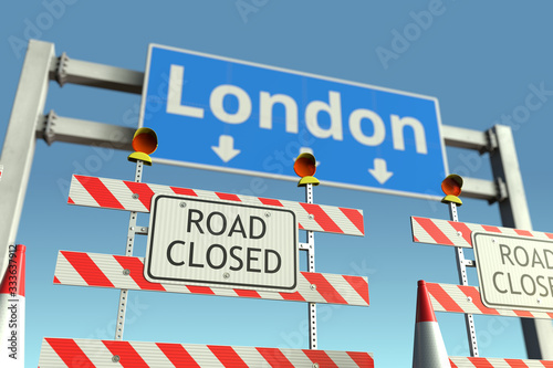 Roadblock at London city traffic sign. Coronavirus disease quarantine or lockdown in the United Kingdom conceptual 3D rendering © Alexey Novikov