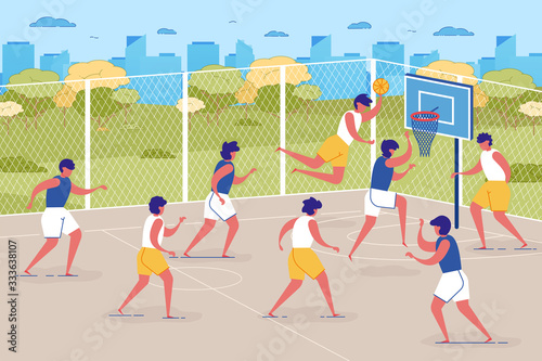 Cartoon People Playing Basketball on Outdoor Court Vector Illustration. Children Teens Sport Training at School Playground. Boy Throwing Ball in Basket. Team Match. Summer Activities