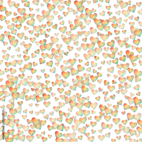 Valentine day background with geometric hearts. Spectral polygonal hearts in diamond style. Low poly hearts background. Authentic vector illustration.