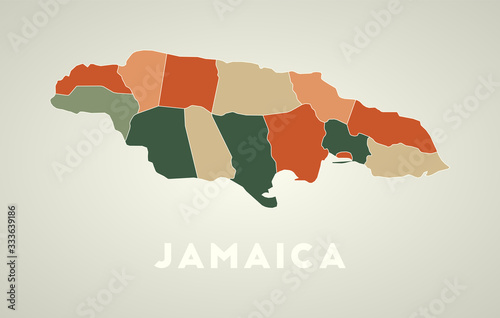 Jamaica poster in retro style. Map of the country with regions in autumn color palette. Shape of Jamaica with country name. Stylish vector illustration.