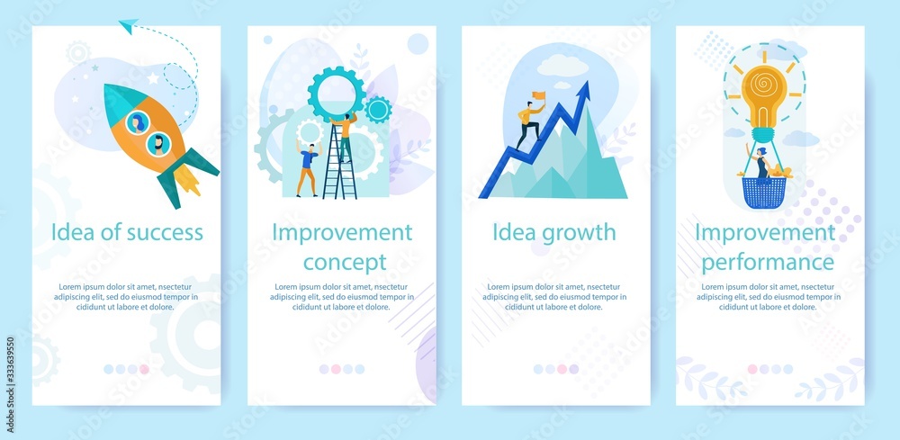 Set Advertising Poster Written Idea of Success. Banner Inscription Improvement Concept, Growth Idea, Improvement of Performance. Company Improvement Plan Cartoon. Vector Illustration.