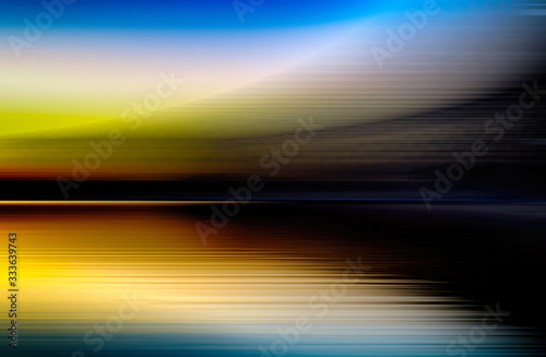 Futuristic reflections in the lake at sunset, motion blur effect