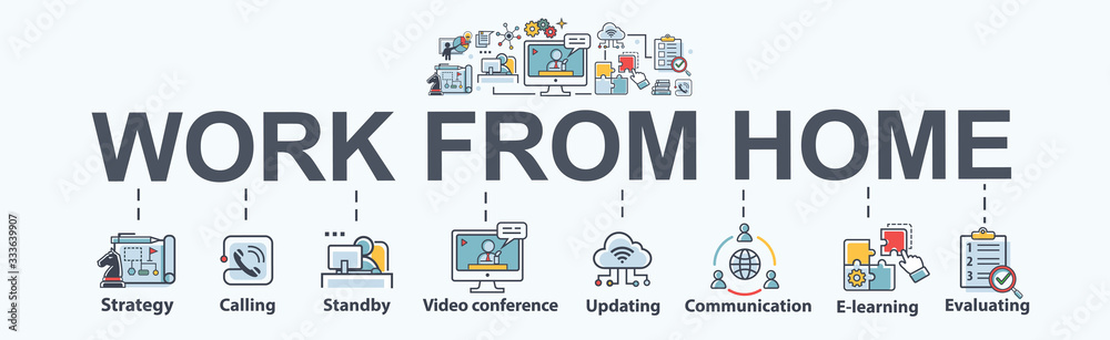 Work from home banner web icon for business conference and freelancer, planning, meeting, strategy, remote, video call, communication and collaboration. Minimal work at home vector infographic.