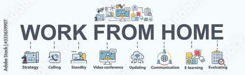 Work from home banner web icon for business conference and freelancer  planning  meeting  strategy  remote  video call  communication and collaboration. Minimal work at home vector infographic.