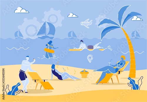Advertising Flyer Summer Vacation Tropical Coast. Vector Illustration. Guys and Girls are Relaxing on Ocean, Fun in Many Ways. Drink Cocktails, Sunbathe in Warm Sand and Swim in Water. © Mykola
