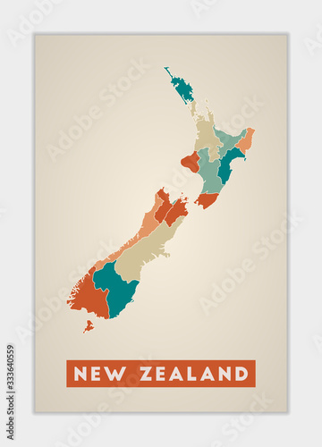 New Zealand poster. Map of the country with colorful regions. Shape of New Zealand with country name. Elegant vector illustration.