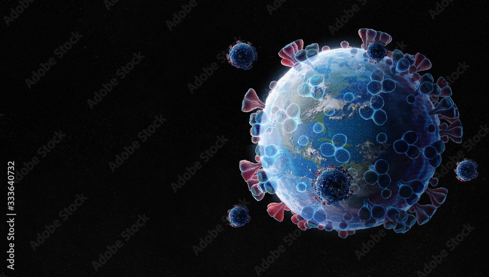 Obraz premium Planet Earth shaped as the Coronavirus in blue wireframe style. Covid-19 pandemic spreading in USA between countries and infecting population. 2019-ncov infecting the world and America