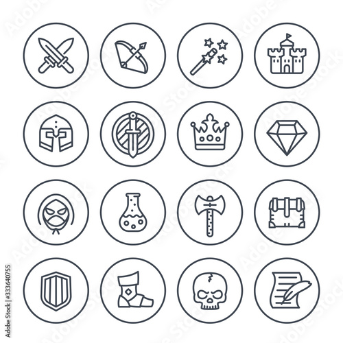 Game line icons set, RPG, fantasy, knight, magic wand, bow, castle, helmet, armor and potion