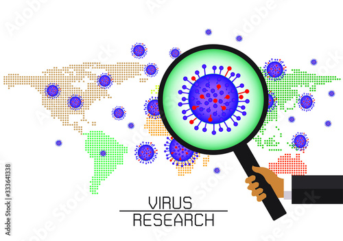 World Virus research concept with magnifier in hand and abstract novel coronavirus bacteria. Magnifying glass and virus cell close up. Coronavirus 2019-nCov. COVID-19. Vector illustration EPS 10.